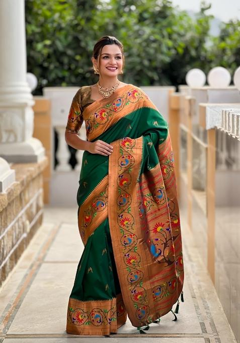 Green Motif Silk Saree Set