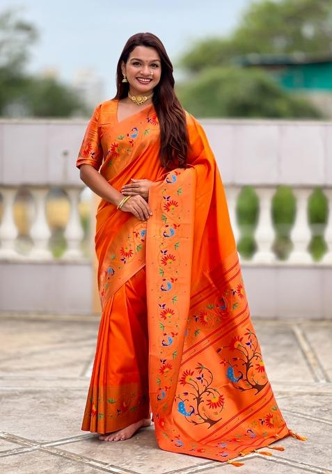 Orange Motif Silk Saree Set
