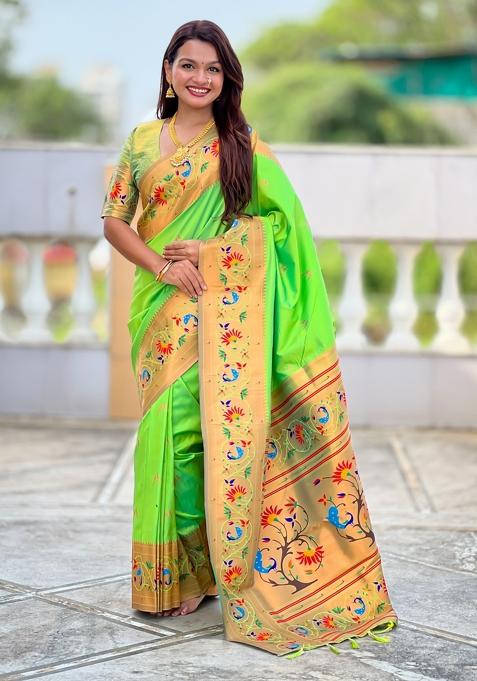 Parrot Green Motif Silk Saree Set