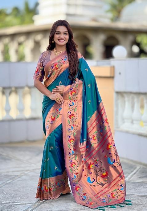 Teal Motif Silk Saree Set
