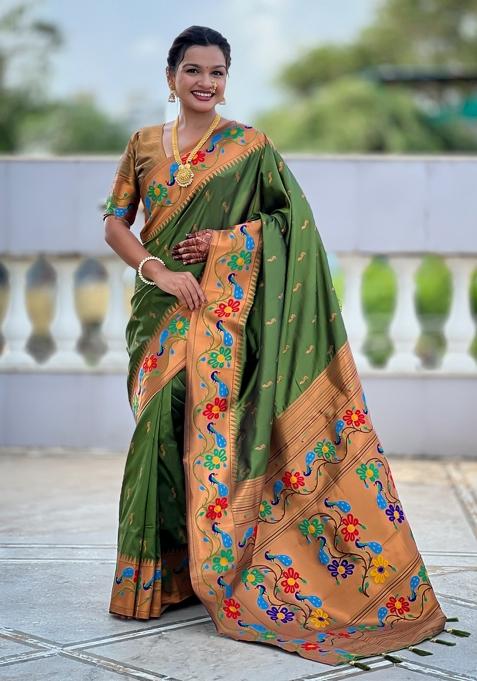 Mehendi Motif Silk Saree Set