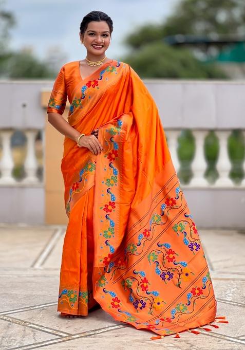 Orange Motif Silk Saree Set