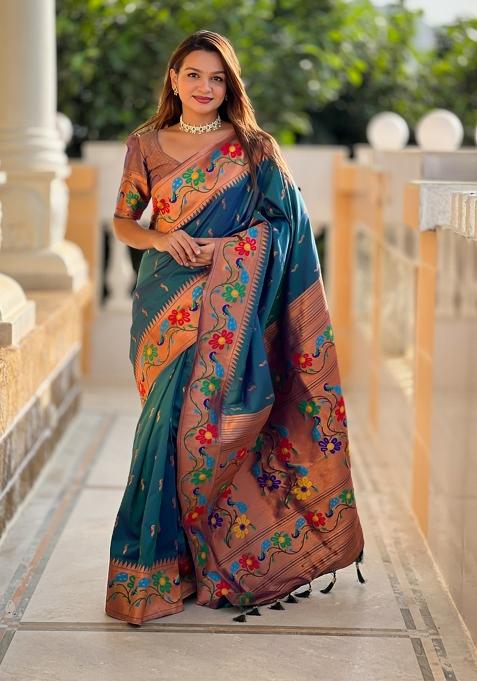 Teal Motif Silk Saree Set