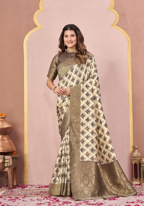 Mehendi Printed Silk Saree Set