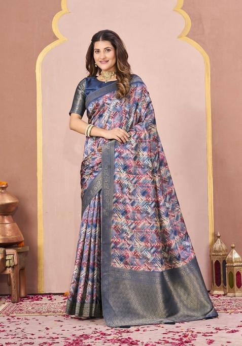Blue Printed Silk Saree Set