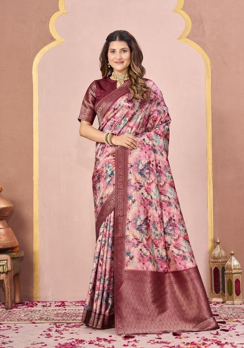Maroon Printed Silk Saree Set