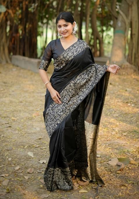 Black Motif Silk Saree Set