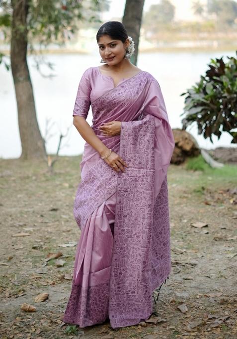 lavender Motif Silk Saree Set