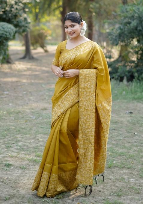 Mustard Motif Silk Saree Set