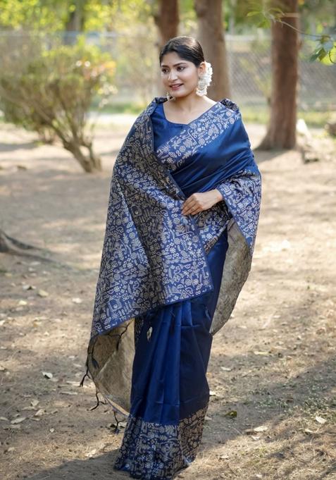 Blue Motif Silk Saree Set