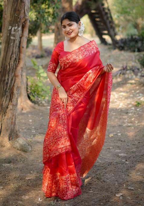Red Motif Silk Saree Set