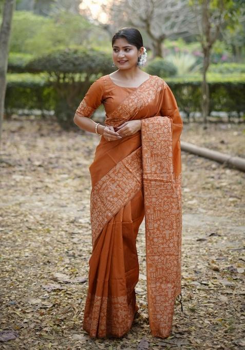 Orange Motif Silk Saree Set