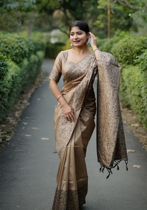 Brown Motif Silk Saree Set