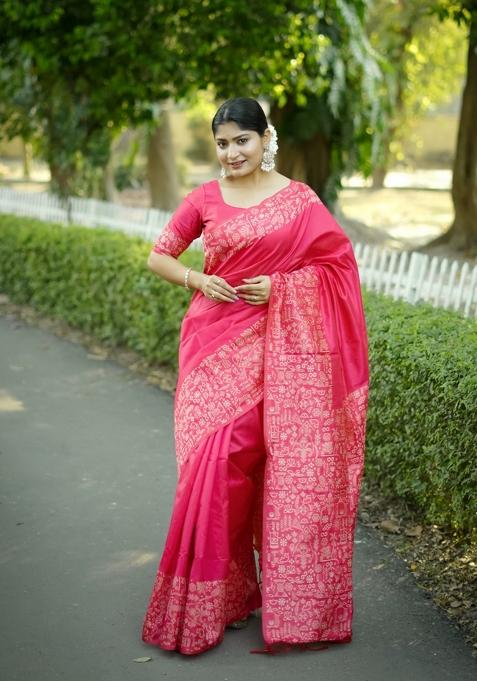 Pink Motif Silk Saree Set