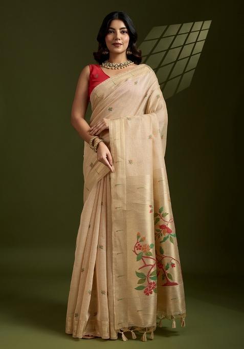 Beige Motif Muga Cotton Saree Set