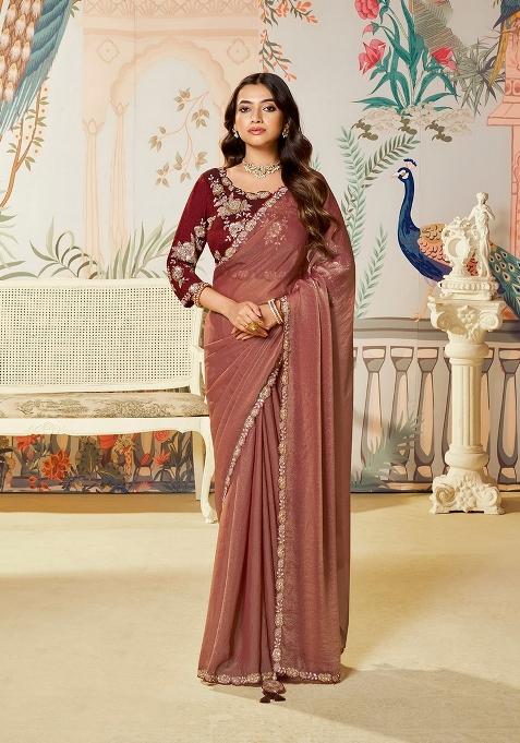 Rust Embroidery Silk Saree Set