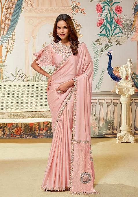 Peach Embroidery Silk Saree Set