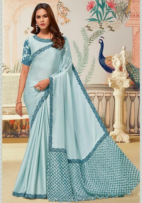 Sky Blue Embroidery Silk Saree Set