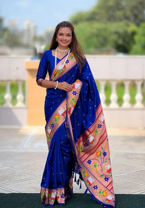 Royal Blue Motif Silk Saree Set