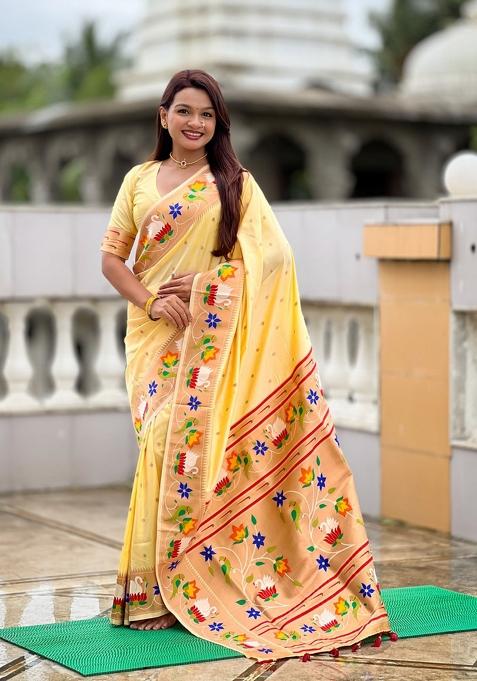 Cream Motif Silk Saree Set