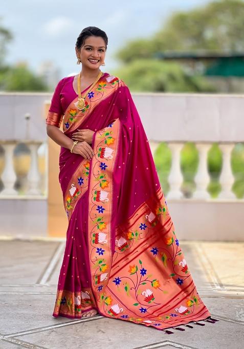 Magenta Motif Silk Saree Set