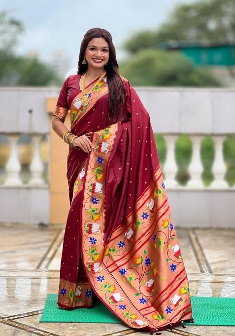 Maroon Motif Silk Saree Set