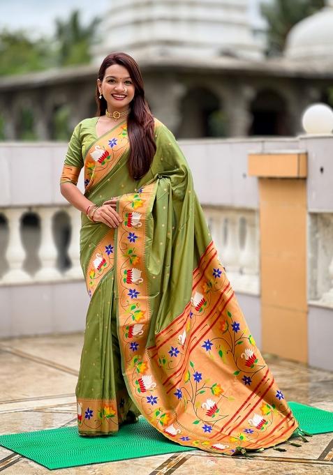 Mehendi Motif Silk Saree Set