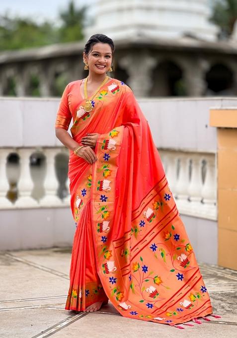 Orange Motif Silk Saree Set