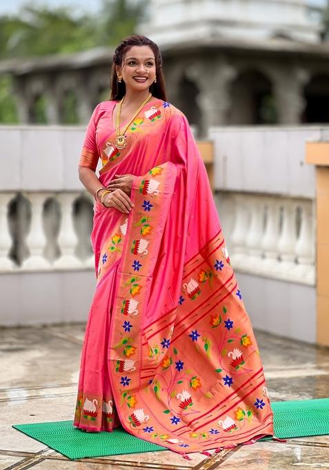 Pink Motif Silk Saree Set