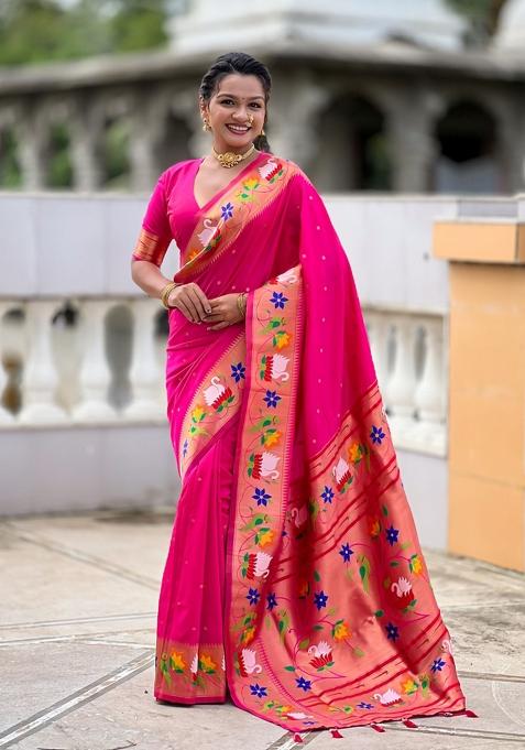 Pink Motif Silk Saree Set