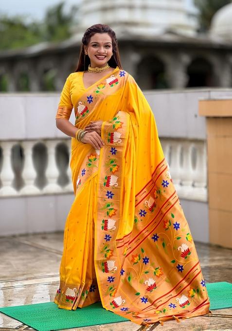 Yellow Motif Silk Saree Set