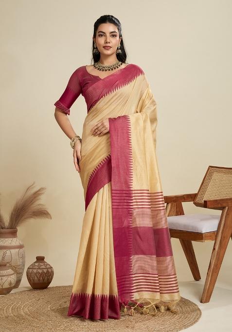 Cream Motif Silk Saree Set