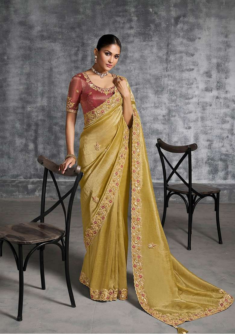Mustard Embroidery Silk Saree Set - Indya