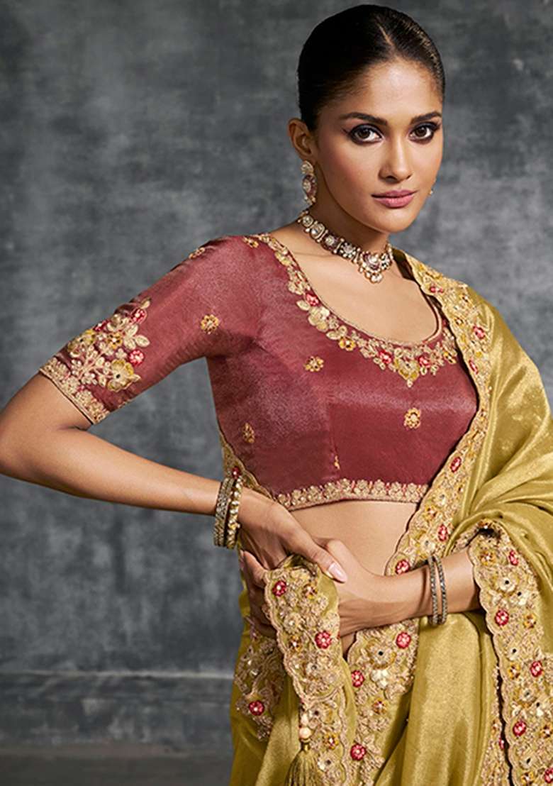 Mustard Embroidery Silk Saree Set - Indya