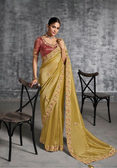 Mustard Embroidery Silk Saree Set