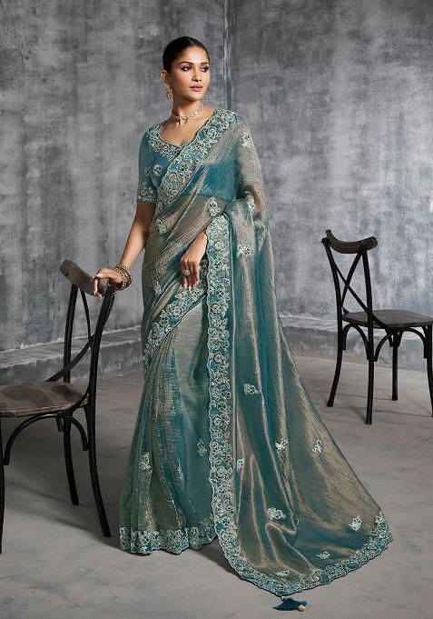 Teal Blue Embroidery Silk Saree Set