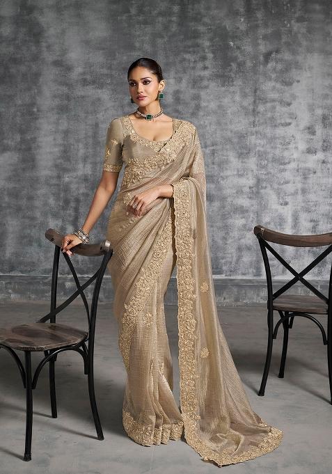 Grey Embroidery Silk Saree Set