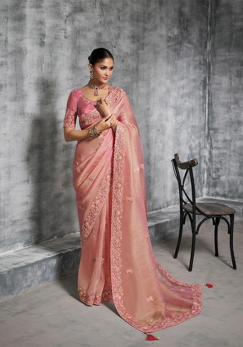Pink Embroidery Silk Saree Set