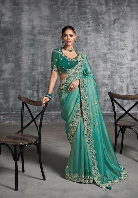 Sea Green Embroidery Silk Saree Set