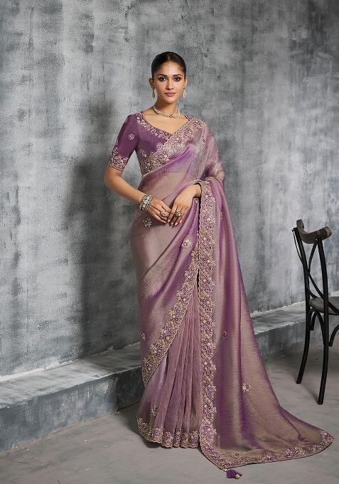 Purple Embroidery Silk Saree Set