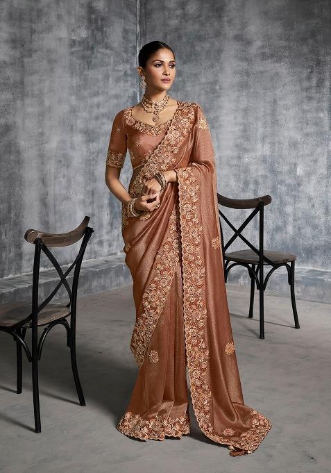 Brown Embroidery Silk Saree Set