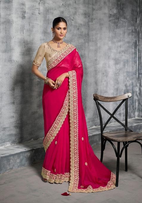 Pink Embroidery Silk Saree Set