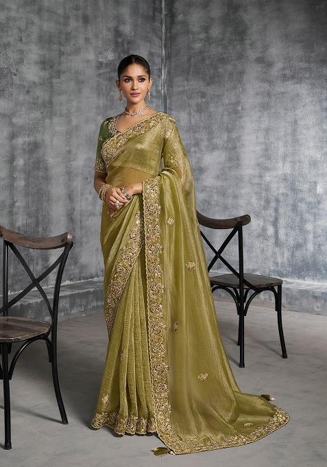 Mehendi Embroidery Silk Saree Set