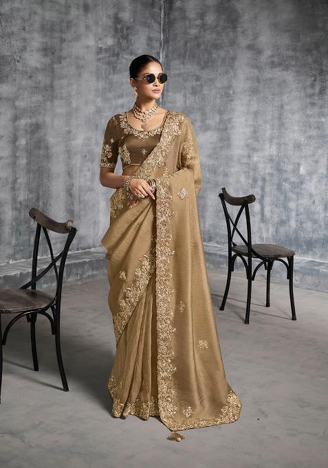 Beige Embroidery Silk Saree Set