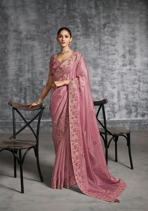 Pink Embroidery Silk Saree Set