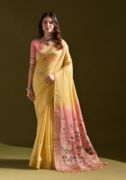 Mustard Motif Muga Cotton Saree Set