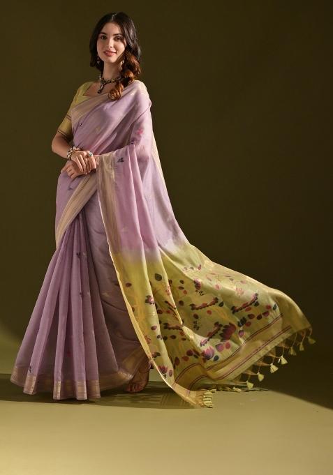 lavender Motif Muga Cotton Saree Set