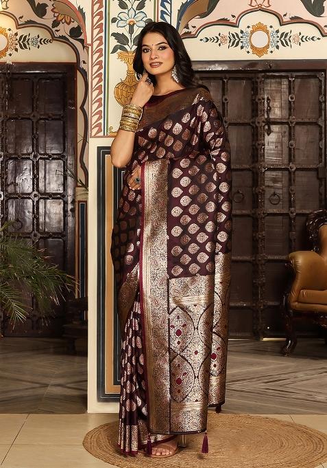 Maroon Motif Silk Saree Set