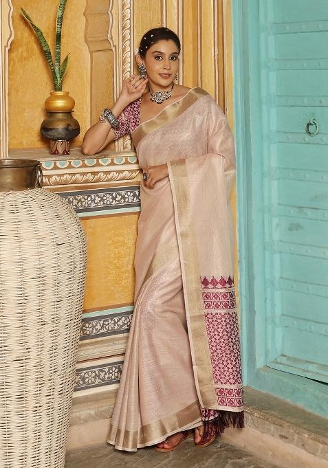 Wine Motif Linen Saree Set