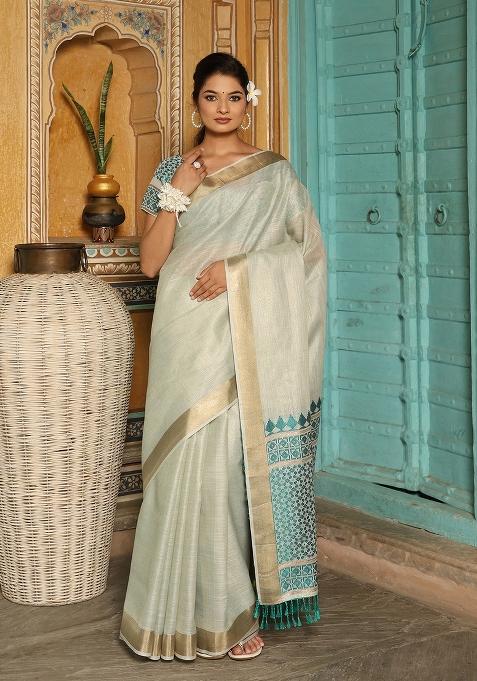 Rama Green Motif Linen Saree Set